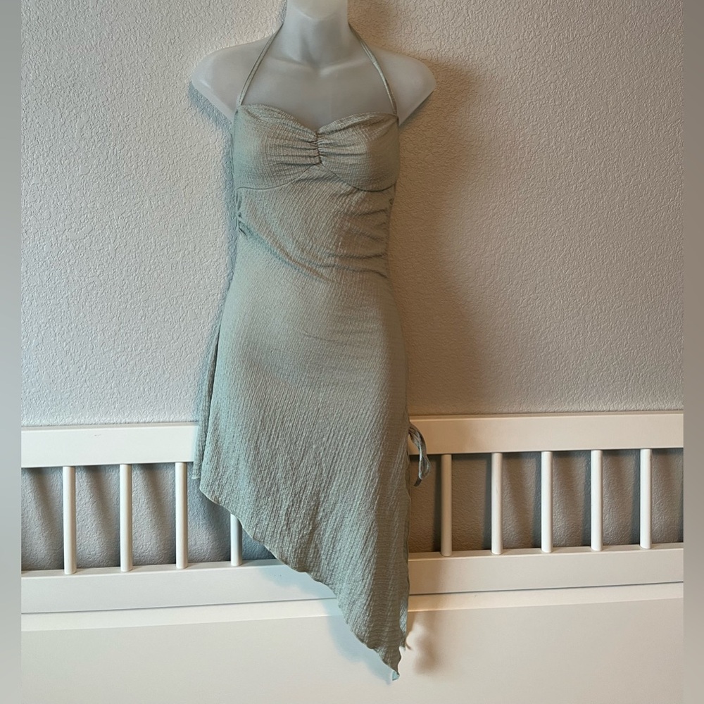 Seafoam green babydoll asymmetrical ruched Halter Neck Dress in Light green S/4